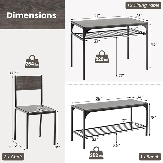 Tangkula Dining Table Set for 4, Kitchen Table and 2 Chairs for 4 with Bench, Additonal Storage Rack, 4 Piece Dining Table Set for Small Space, Apartment