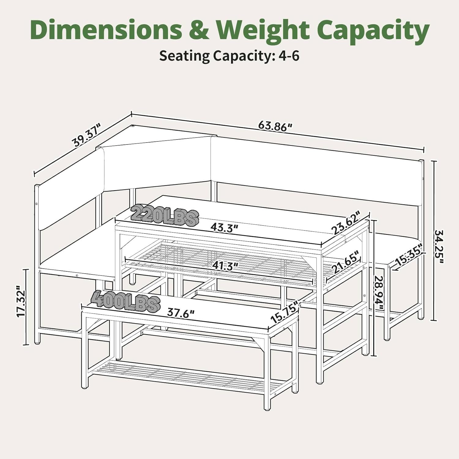 Concho Corner Dining Table Set with Soft Seat, Warm Grey | Breakfast Nook, L Shaped Dining Table Set for 4, Kitchen Booth Seating with Table for Small Space