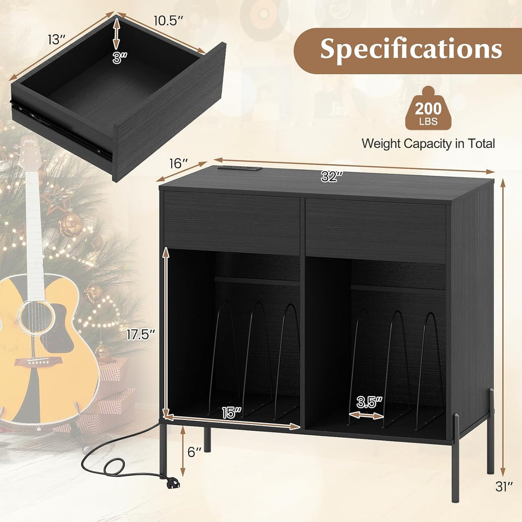 LOKO Large Record Player Stand with Charging Station, Vinyl Record Holder with Storage Compartments & 2 Drawers, Turntable Display Stand with Metal Legs for Living Room, Bedroom, Office (Black)