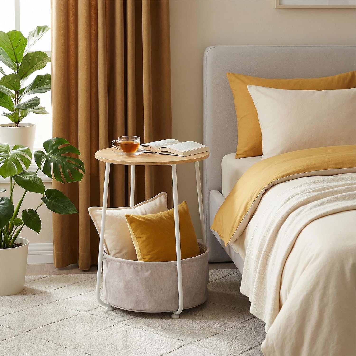 Modern Round Side End Table with Fabric Storage Basket, Matte White and Camel Brown, Contemporary Nightstand (Burlywood)