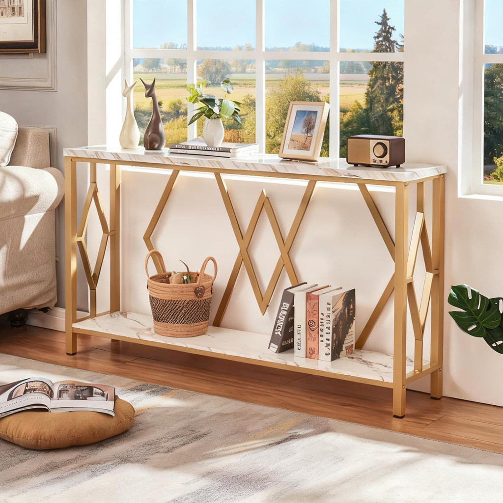 HOMISSUE 55 Inch Modern Entryway Console Table, White & Gold Faux Marble Top Engineered Wood Sofa Table with 2-Tier Open Storage, Entry Table for Hallway & Living Room