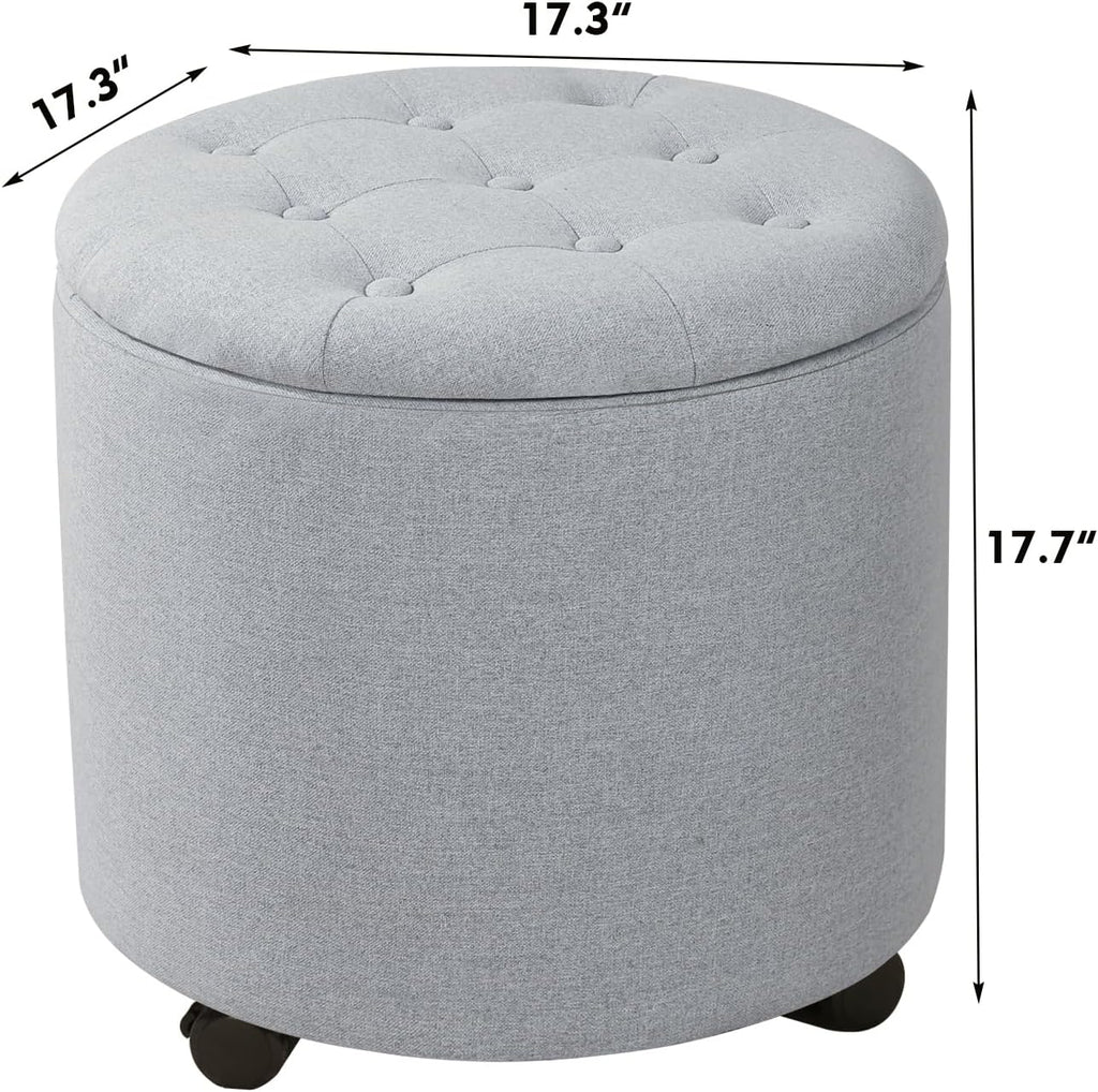 Adeco Round Storage Ottoman with Wheels, Tufted Linen Upholstered Rolling Footstool & Foot Rest for Living Room, Bedroom, Light Gray, 17.3 Inch