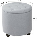 Adeco Round Storage Ottoman with Wheels, Tufted Linen Upholstered Rolling Footstool & Foot Rest for Living Room, Bedroom, Light Gray, 17.3 Inch
