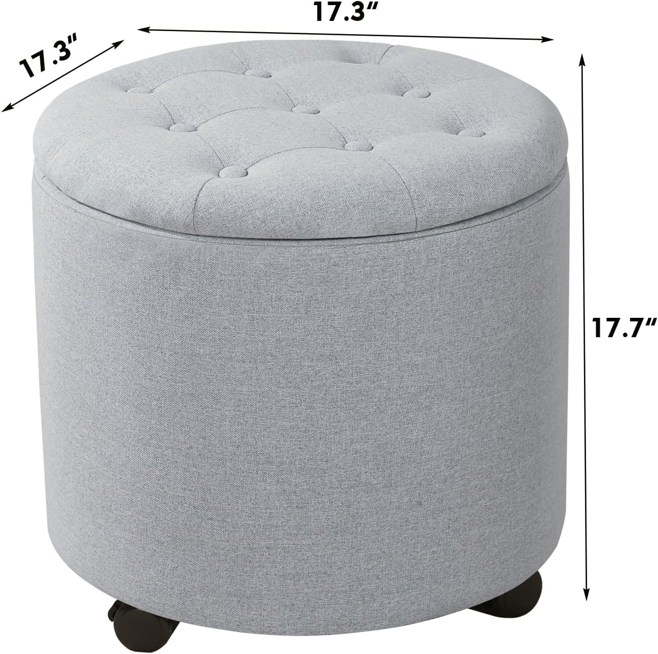 Adeco Round Storage Ottoman with Wheels, Tufted Linen Upholstered Rolling Footstool & Foot Rest for Living Room, Bedroom, Light Gray, 17.3 Inch