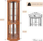 70" Lighted Corner Curio Cabinet, Wood China Display Case with Tempered Glass Doors & Adjustable Shelves, Light Bulb Included, Tall Wine Storage Rack for Bar and Liquor Storage (Dark Oak)