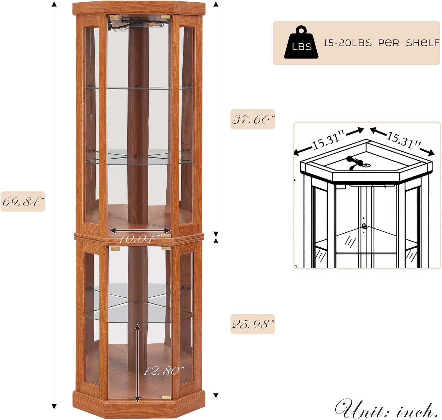 70" Lighted Corner Curio Cabinet, Wood China Display Case with Tempered Glass Doors & Adjustable Shelves, Light Bulb Included, Tall Wine Storage Rack for Bar and Liquor Storage (Dark Oak)