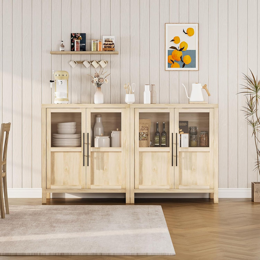 Garvee Large Buffet Cabinet with Storage, Sideboard Buffet Cabinet with Glass Doors, Modern Farmhouse Storage Cabinet Table for Kitchen Dining Room, Living Room (Pear Wood, Glass with 2 Doors)