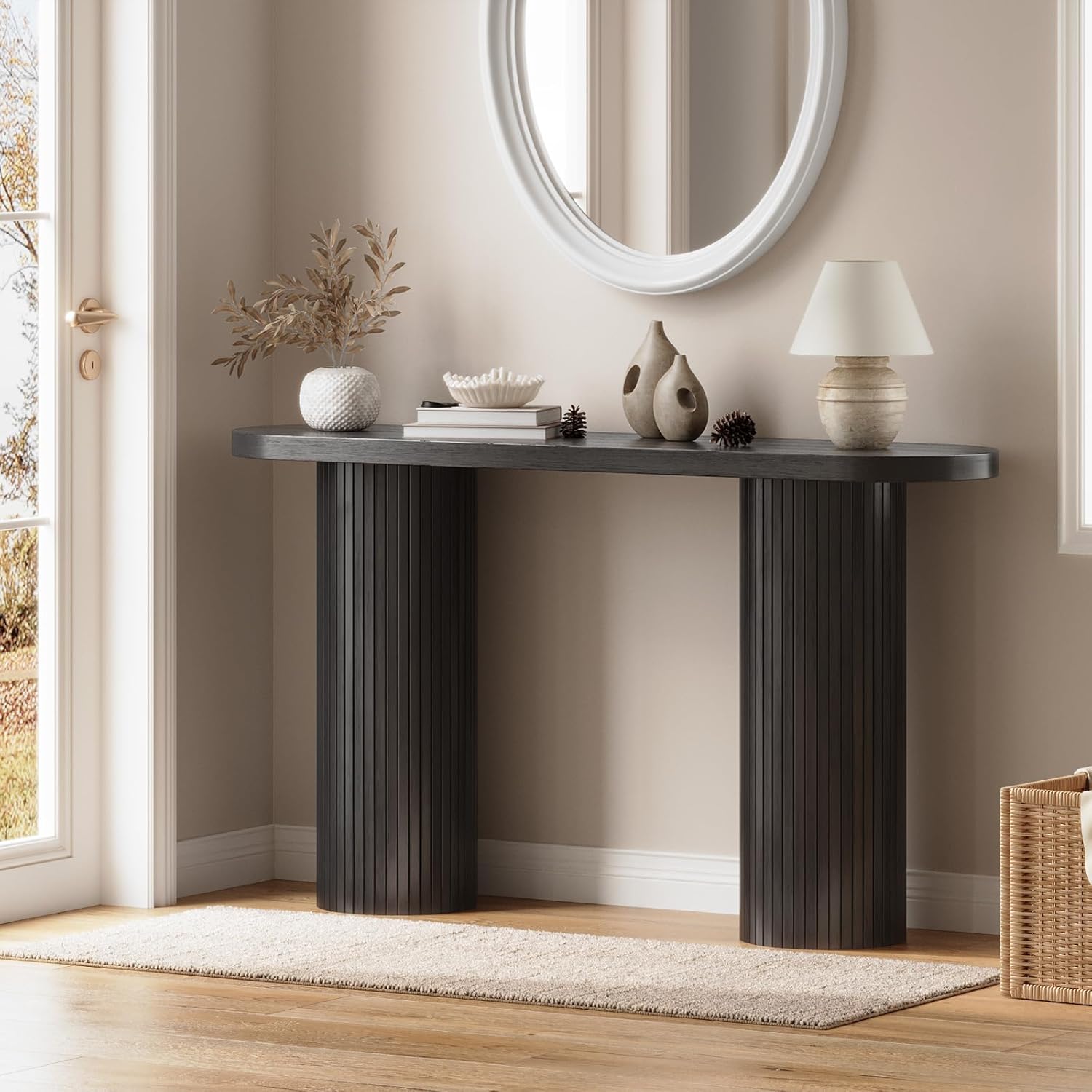 ONBRILL 55 Inch Fluted Entryway Table, Sofa Table Behind The Couch, Long Console Tables, Modern Entrance Stand for Hallway, Living Room Foyer, Farmhouse Style (Black)