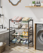 Evermagin 25.2" W Kitchen Storage Cart, 4-Tier Snack Cart with Wheels | Metal Fruit Basket Vegetable Stand, Pantry Storage Organizer with 8 Removable Baskets for Onion Potato, Black