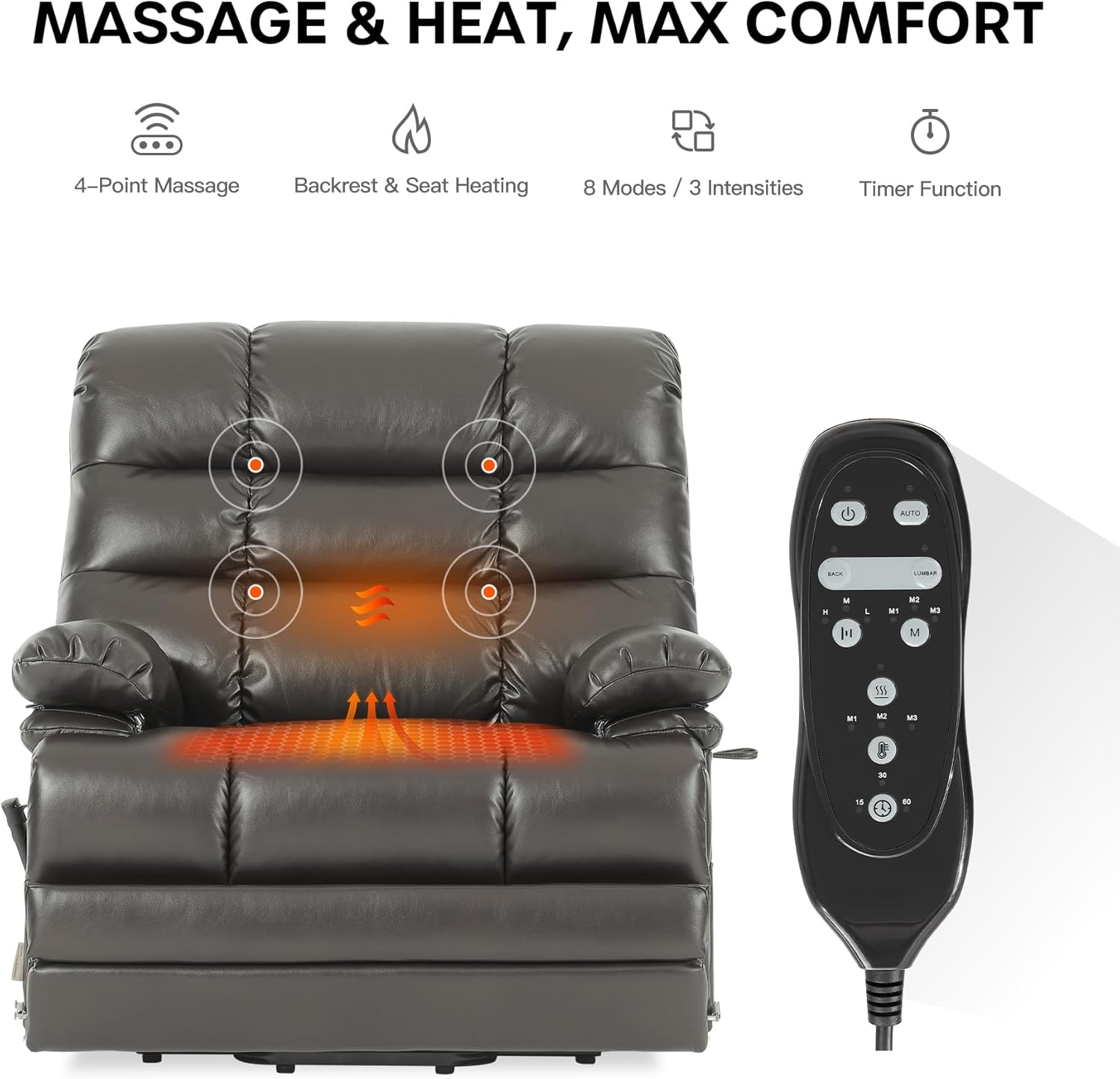DYNOX 500 LBS Power Lift Recliner Chair for Big & Tall Seniors, Extra Large 3-Motor Lay Flat Chair with Heat, Massage & Extended Footrest,Breathable Faux Leather, Gray, 9505L