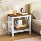 HOOBRO End Table with Charging Station, Farmhouse Narrow Side Table, 2-Tier with Storage Shelves, Slim Nightstand for Small Spaces, Living Room, Bedroom, White and Walnut WH360UBZ01