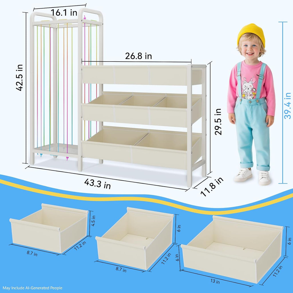 B6 Toy Storage Organizer with Stuffed Animal Storage, White | 3-Tier Wooden Shelves and 8 Bins, Toy Shelf Organizer, Kids Bookshelf and Toy Storage for Kids Room Bedroom Playroom Nursery