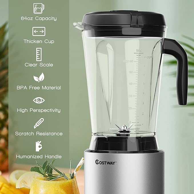 COSTWAY Professional 64oz Countertop Blender, Smoothie Maker Built-in Self-Cleaning with 10 Speed Control & 8 Pre-Set Programs, Pitcher, Crushing Blender for Smoothies, Frozen Fruit, 1500W