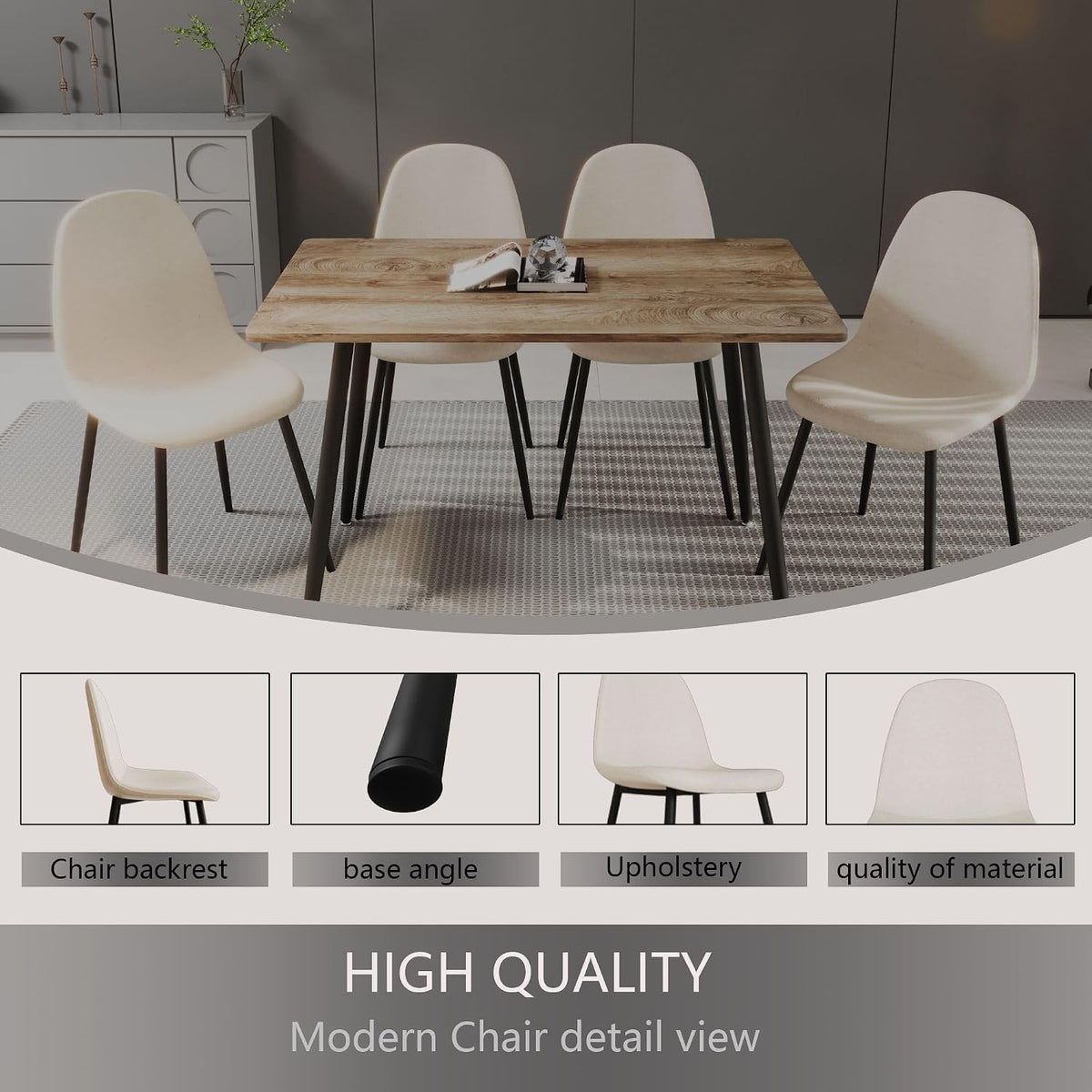 Small Dining Table Set for 4, Modern Kitchen Table Set for 4, 5 Piece Wooden Dining Table Set, 47'' Kitchen Table Set with 4 Fabric Dining Chairs Ideal for Small Spaces