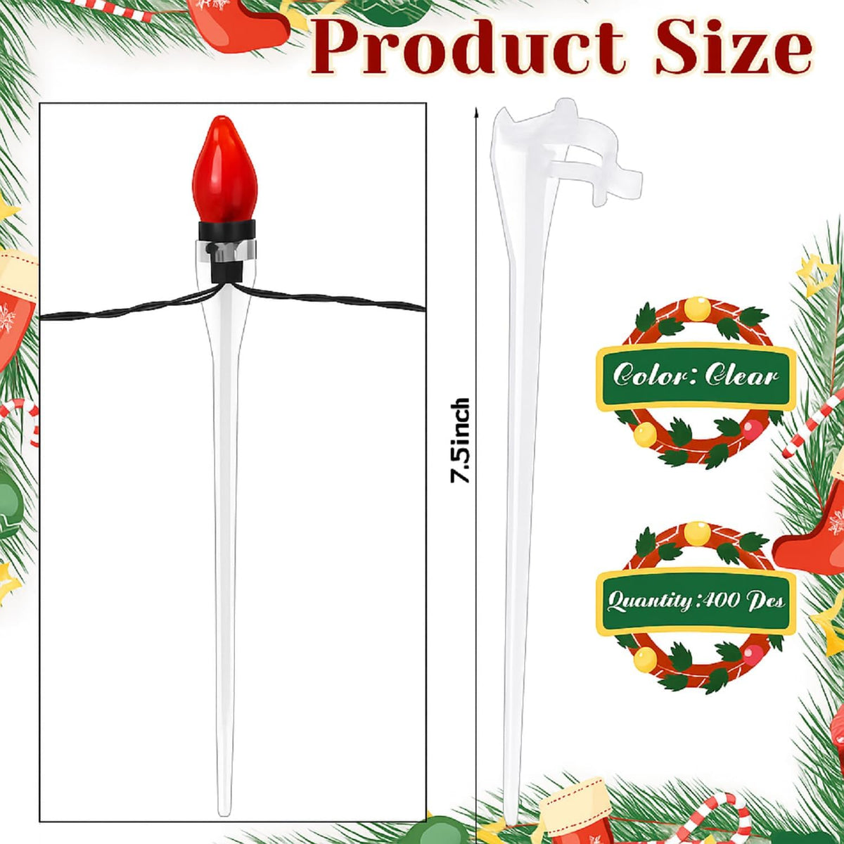 Jetec 400 Pieces Christmas Light Stakes Universal Yard Lawn Holiday 7.5 Inches Light Ground Stakes for C7 C9 String Lights Christmas Outdoor Lights Holders on Yards, Driveways (Clear)