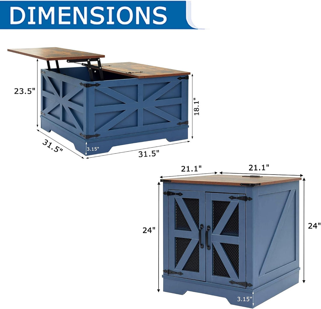 Farmhouse Coffee Table Set of 3, 1 Lift Top Coffee Table with Sliding Barn Doors and 2 End Tables with Charging Station, Living Room Table Set for Home Office, Blue