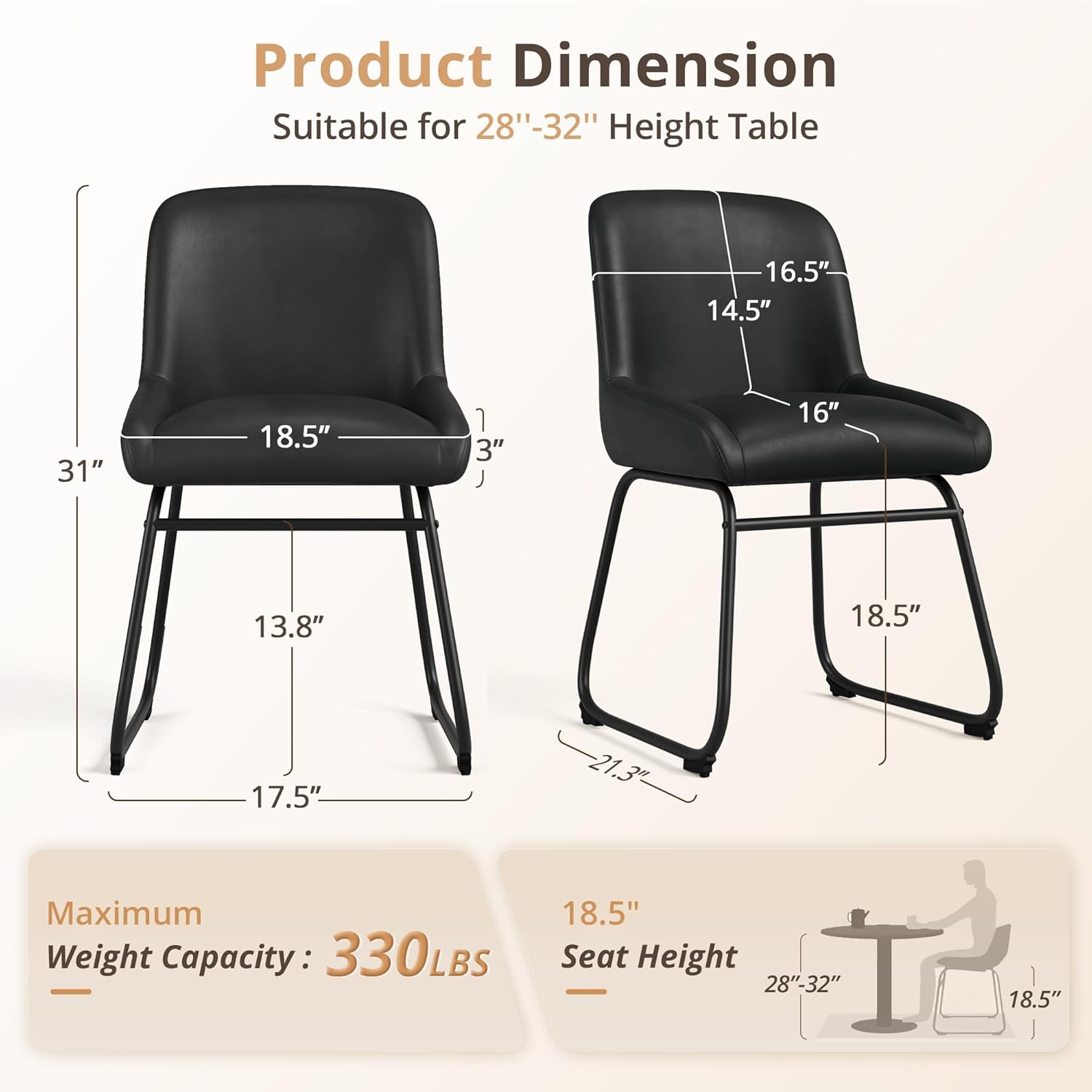 LUE BONA Comfortable Dining Room Chairs Set of 4, Modern Upholstered Kitchen Chairs with Padded Back & Thick Metal Legs for Dining Room, Black PU Leather