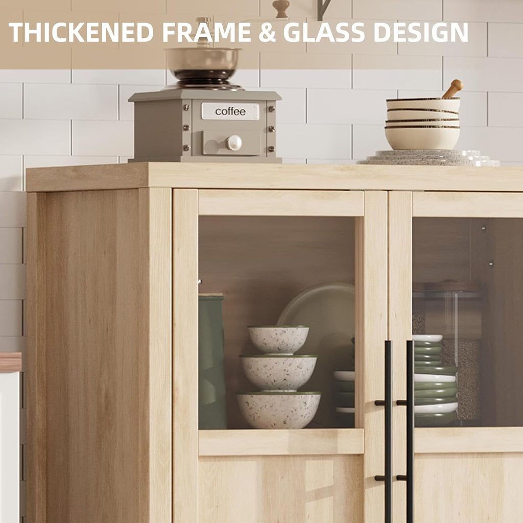 Garvee Large Buffet Cabinet with Storage, Sideboard Buffet Cabinet with Glass Doors, Modern Farmhouse Storage Cabinet Table for Kitchen Dining Room, Living Room (Pear Wood, Glass with 2 Doors)