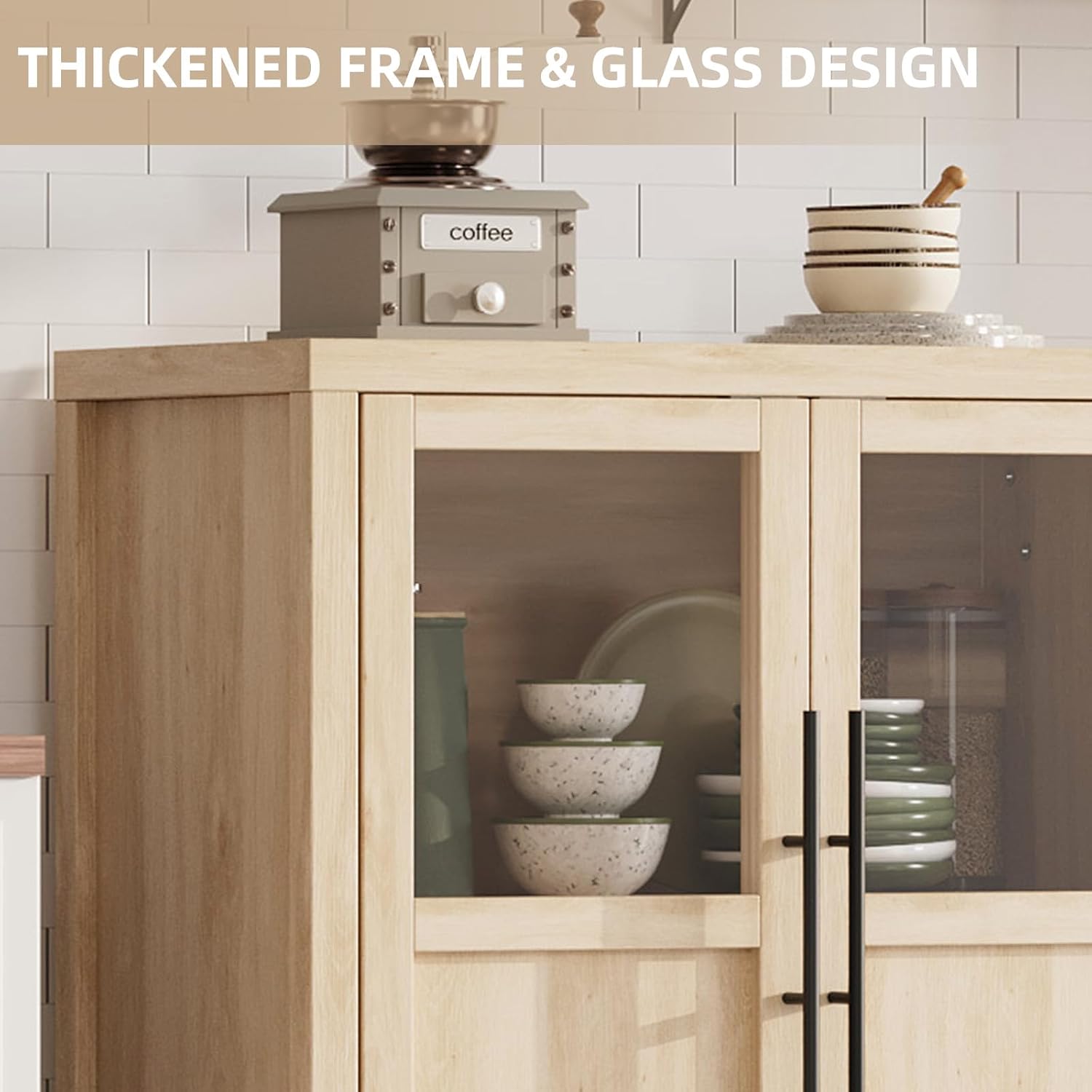 Garvee Large Buffet Cabinet with Storage, Sideboard Buffet Cabinet with Glass Doors, Modern Farmhouse Storage Cabinet Table for Kitchen Dining Room, Living Room (Pear Wood, Glass with 2 Doors)