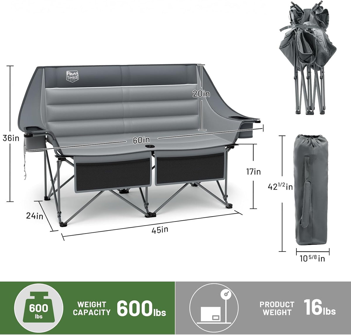 Timber Ridge 600 lbs Double Camping Chair, Ultra-Wide Heavy Duty Outdoor Folding Camp Couch, Loveseat Camping Chairs Perfect for Campsites, Patio/Lawn, Soccer Games or Other Youth Sports, Supports