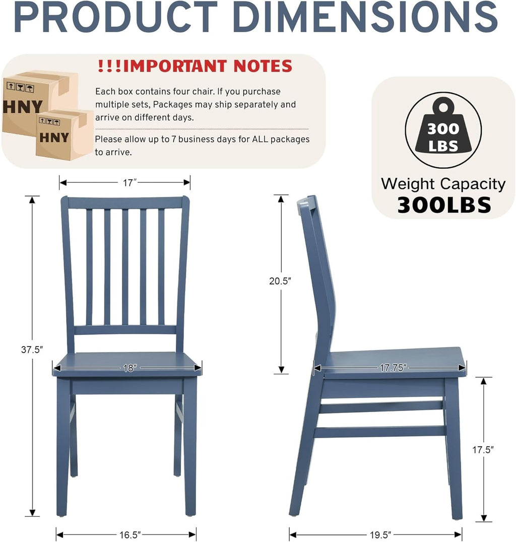 HNY Blue Wood Dining Chairs Set of 4, Farmhouse Kitchen Chairs with High Backrest and Wooden Legs, Armless Dining Side Chairs for Kitchen/Dining Room/Restaurant