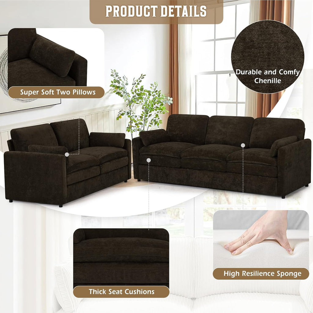 Comfy Chenille Sofa Set with Well-Filled Pillows, Brown | Modern 3 Seater & Loveseat Sofa w/Upholstered Cushions, 2 Pieces Sectional Couch w/Soft & Thickened Seats for Living Room
