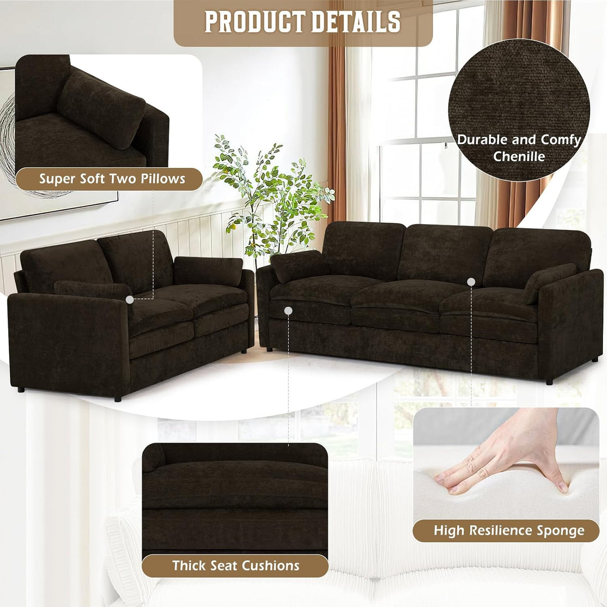 Comfy Chenille Sofa Set with Well-Filled Pillows, Brown | Modern 3 Seater & Loveseat Sofa w/Upholstered Cushions, 2 Pieces Sectional Couch w/Soft & Thickened Seats for Living Room