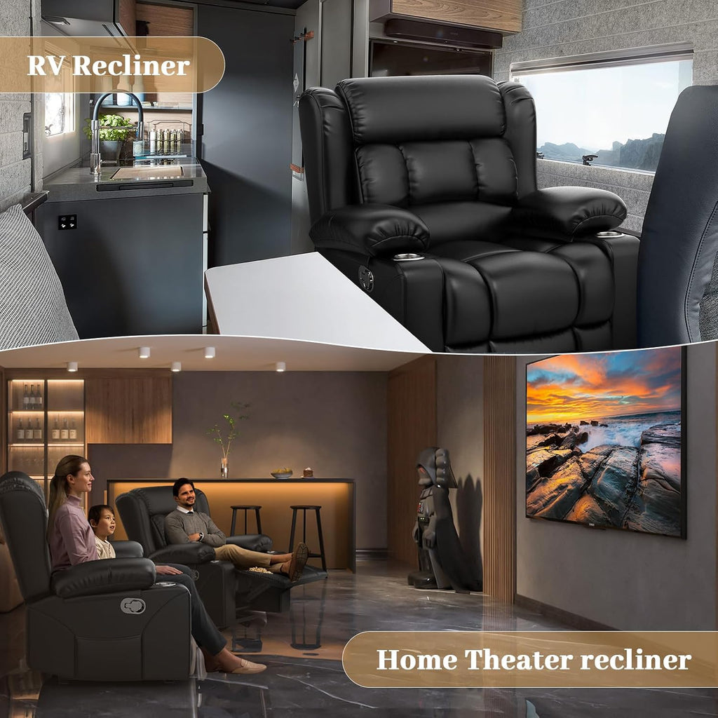 RV Recliner Chair, Oversized Reclining Loveseat Home Theater Seating with Cup Holders, Insert Pockets, Wall Hugger RV Recliners for Movie Room, Recline Movie Seats Gaming Sofa, Black