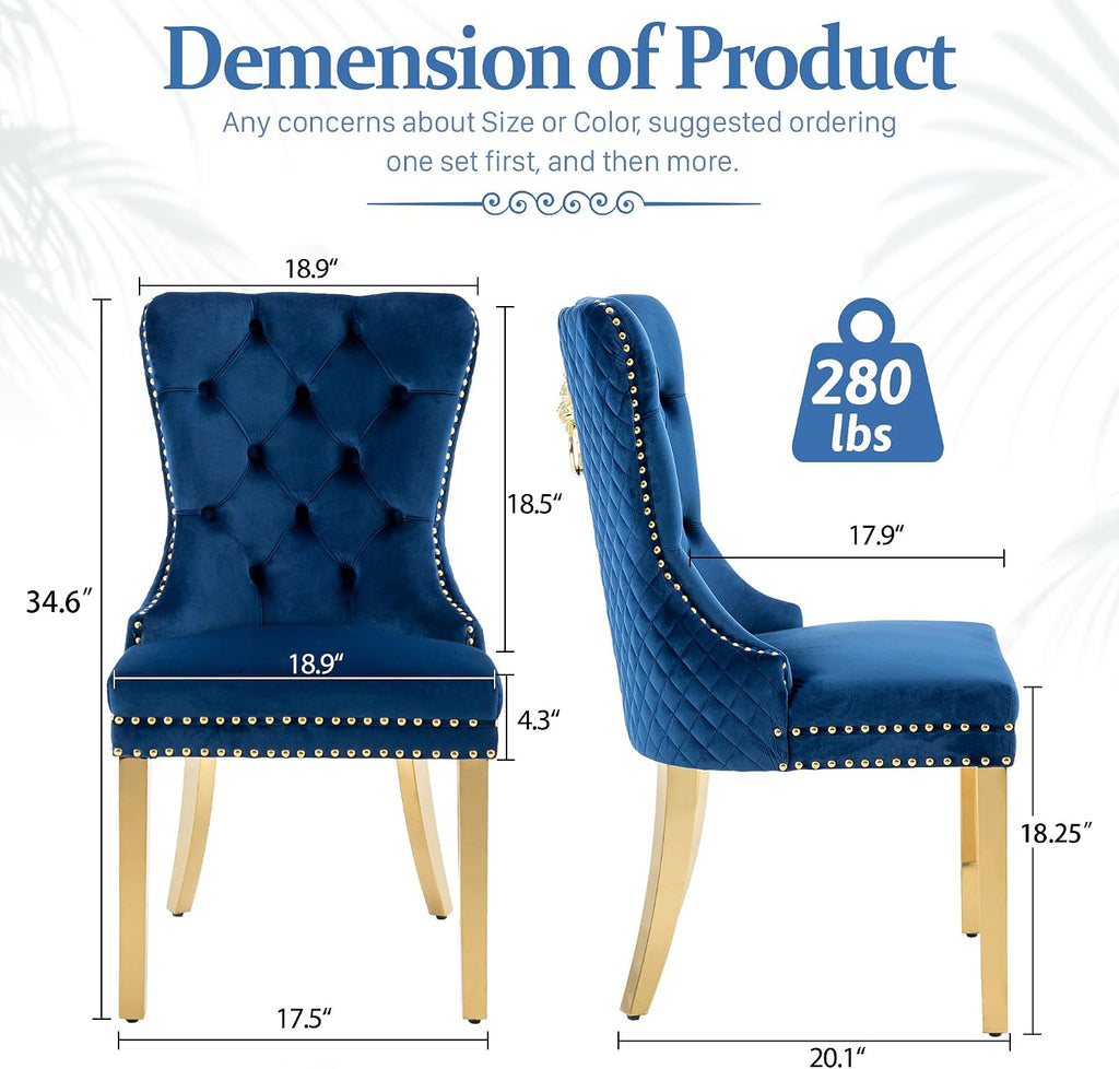 Dining Chairs Set of 6, High-end Back Lion Head Ring with Rhomboid Pattern | Elegant Button Tufting, Add Luxury to Dining Room, Bedroom, or Living Space, Durable Easy-clean Blue Velvet, Gold Legs