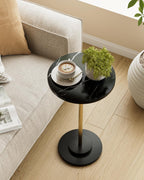 Round Side Table, Small Drink Table for Small Spaces, Modern Accent End Table with Metal Leg for Living Room, Bedroom, Corners, and Office (Black Marble)