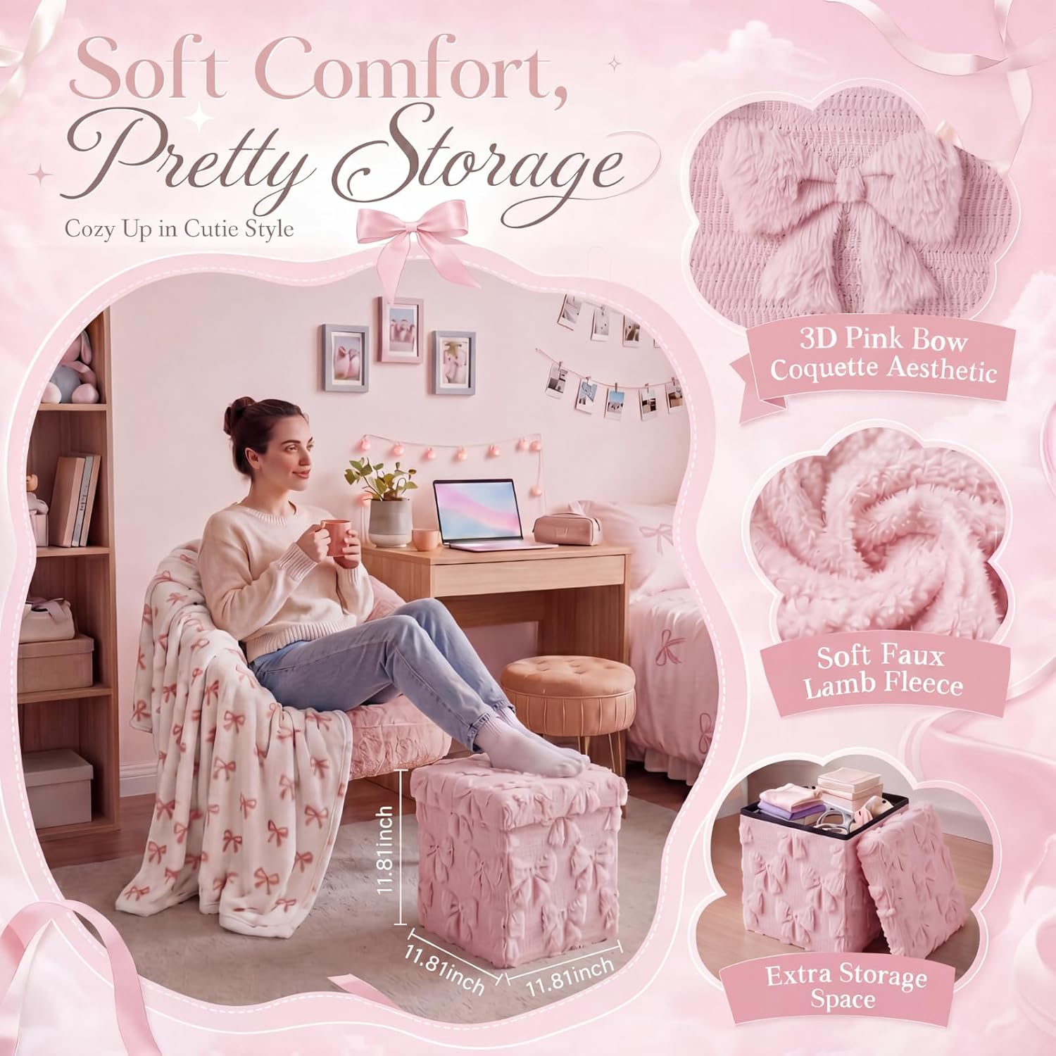 RattanView Storage Ottoman Dorm 12 Inch Pink Bow Cube Ottoman Dorm Back to School Coquette Foldable Foot Rest Stool with Lid for College Dormitory Bedroom Office