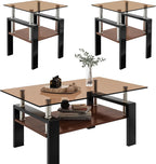 Brown Glass Coffee Table Sets of 3 for Living Room, 39" Mordern End Tables with Storage, Walnut Wooden Shelves & Black Metal Leg, Rectangle Center Table for Small Space Apartment
