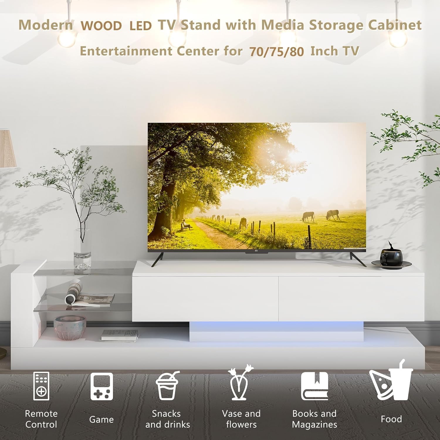 BAMACAR White TV Stand - Long Entertainment Center for 70-80 Inch TVs with Storage