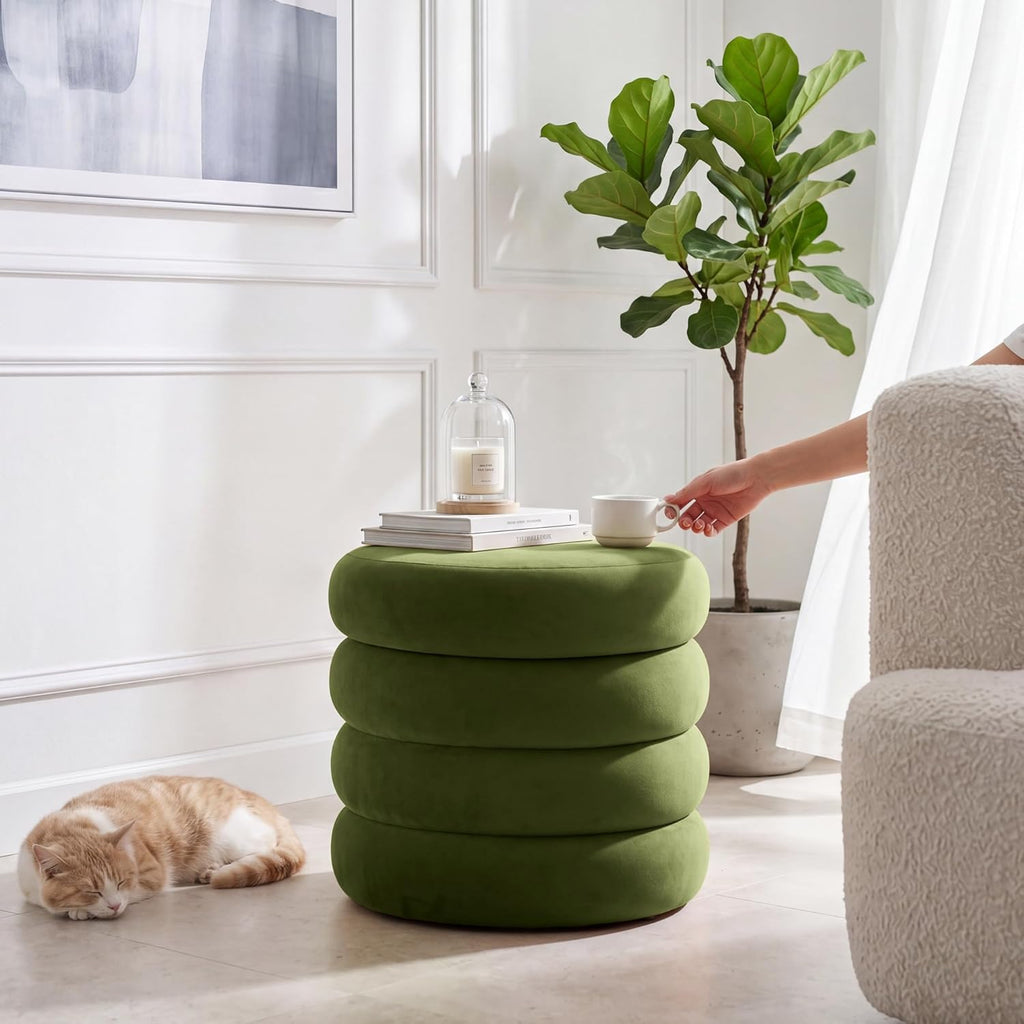 Velvet Storage Ottoman Set of 2, Compact Round Tufted Pair with Removable Lids for Lounge, Dorm and Entryway, Olive Green