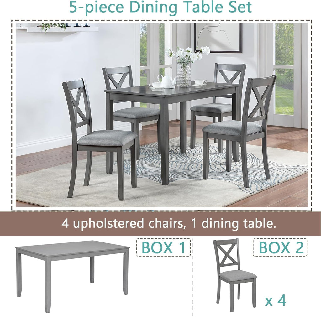 LUMISOL 5-Piece Dining Table Set for 4, Farmhouse Kitchen Table Set with 4 Upholstered Chairs, Wood Table and Chairs Set for Dining Room, Kitchen, Small Space, Grey