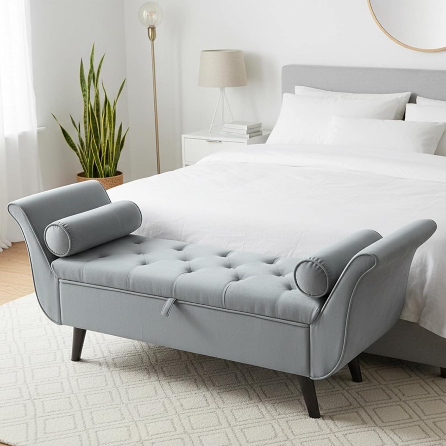Velvet Bench for Bedroom End of Bed, 60.5 inch Upholstered Button Tufted Ottoman Bench with Rolled Arms, Button-Tufted Ottoman for Living Room, Entryway (Light Grey)