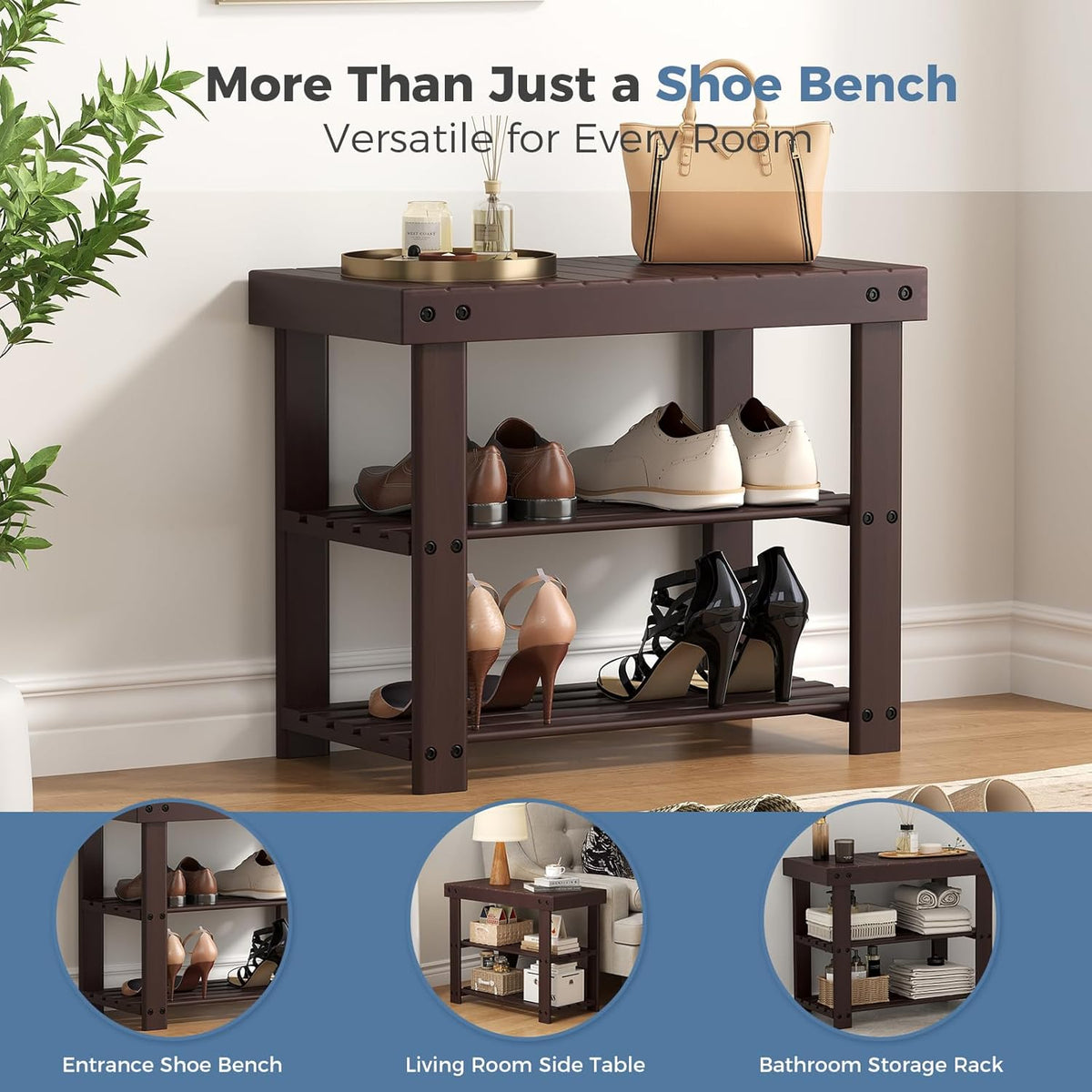 DUMOS Wooden Shoe Rack Bench with Storage, 3-Tier Bamboo Entryway Benches, Shoe Rack Holds Up to 286 lb Storage Organizer, 11.3 x 19.7 x 17.8 Inches, Suitable for Bedroom Living Room Balcony, Brown
