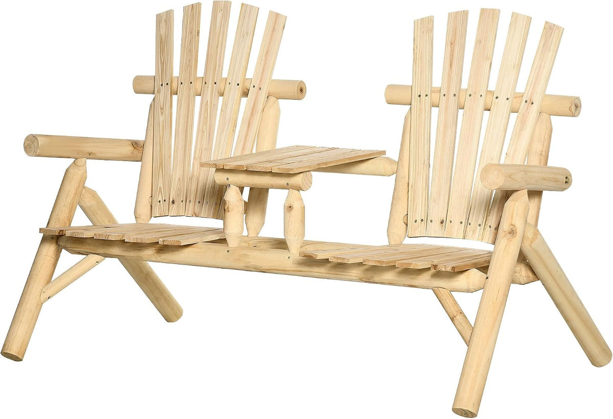 Adirondack Loveseat Chair, 2-Seat Wooden Patio Bench with Built-in Table, Outdoor Fire Pit Chair for Porch, Backyard, Deck, Garden Seating, Natural