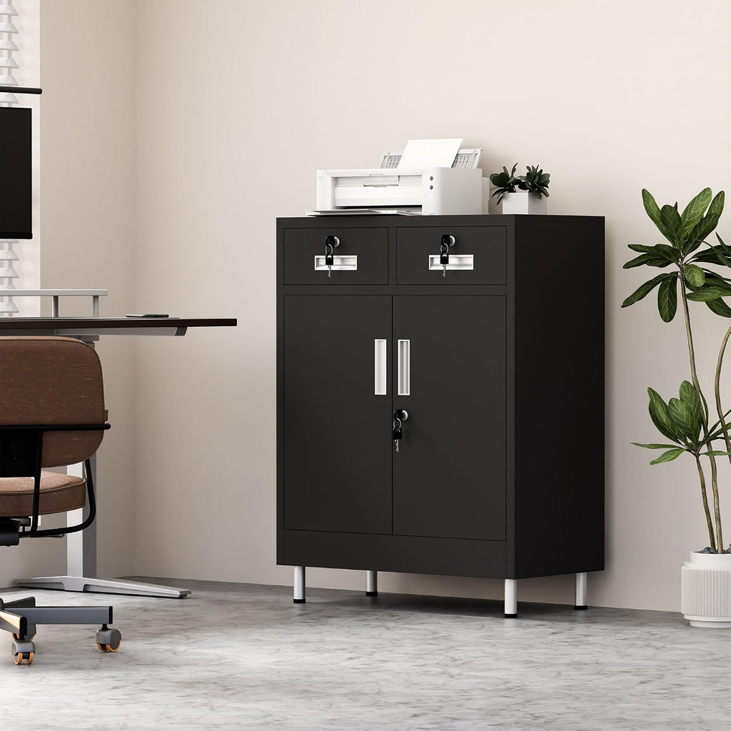 JINGUR Metal Storage Cabinet with Locking Doors and 2 Drawers, Lockable Storage Cabinet with Adjustable Shelf for Home Office Garage Entryway Pantry (Black)