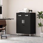 JINGUR Metal Storage Cabinet with Locking Doors and 2 Drawers, Lockable Storage Cabinet with Adjustable Shelf for Home Office Garage Entryway Pantry (Black)