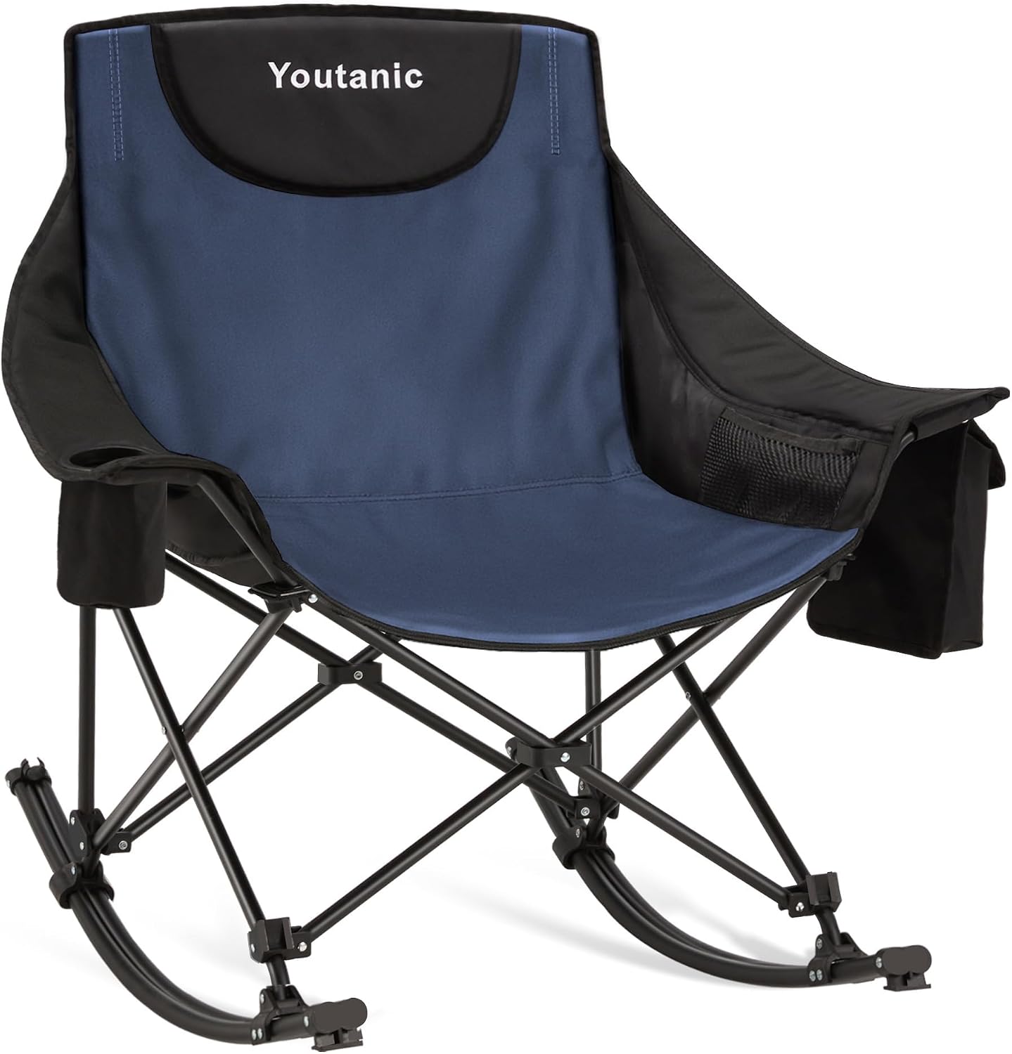 Youtanic Oversized Folding Rocking Camping Chair, Padded Portable Rocking Chair with Pockets, Cup Holder and Carry Bag, Heavy Duty Outdoor Rocker Patio Chair for Garden, Lawn, Up to 400lbs, Navy Blue
