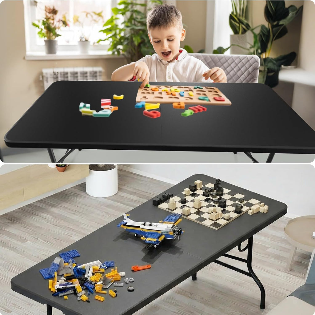 Bonnlo Folding Table 6ft, Portable Collapsible Plastic Black Long Tables for Party, Camping, Banquet, Craft, Dining, Wedding, Outdoor and Indoor Use