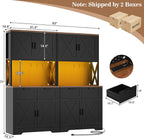 Unikito 71" Tall Kitchen Pantry Storage Cabinet with LED Light, Black | 63" Wide, Microwave Countertop, Power Charging Station, Large Hutch Cabinet with Drawers, Home Unit for Dining Room