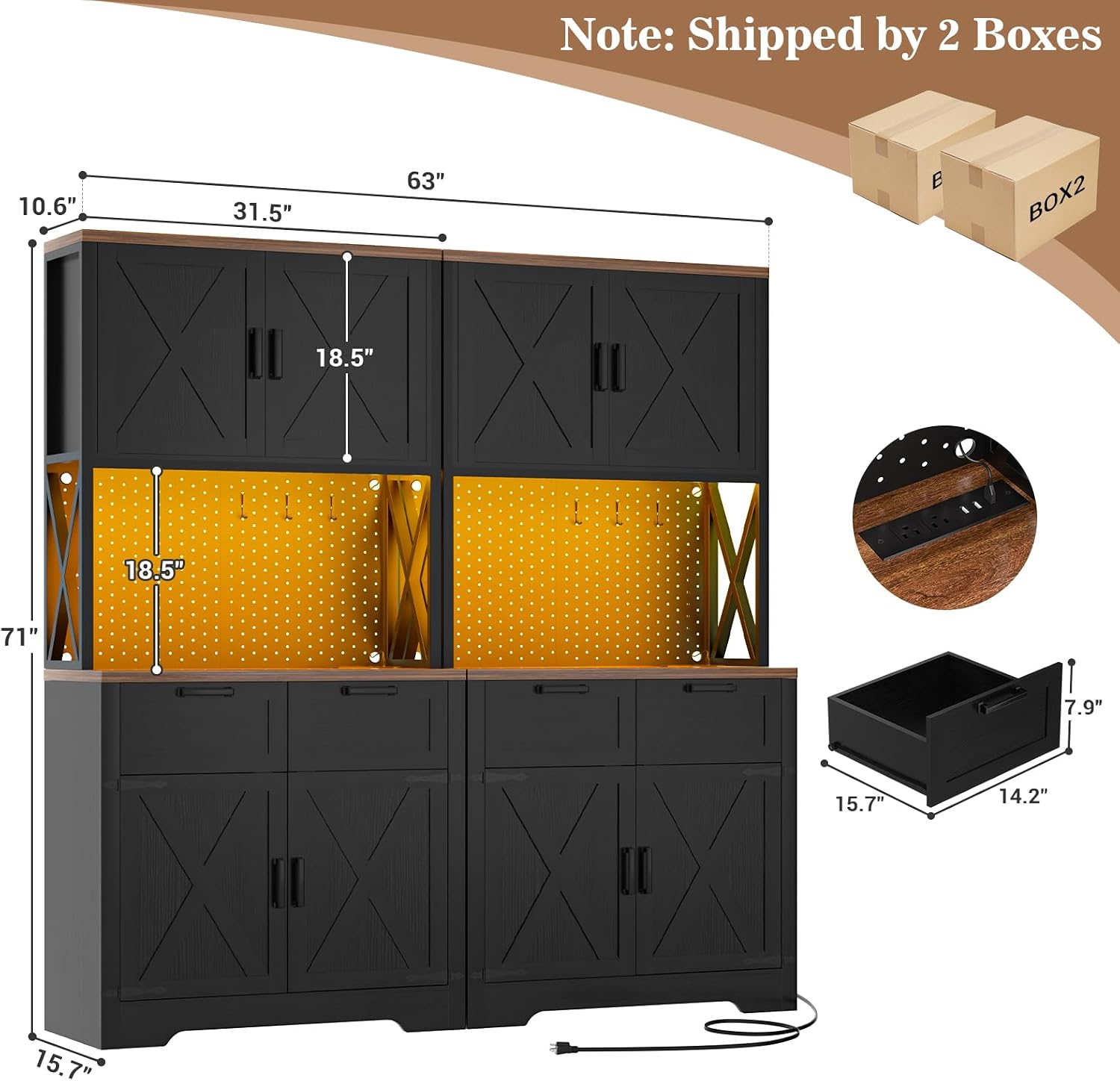Unikito 71" Tall Kitchen Pantry Storage Cabinet with LED Light, Black | 63" Wide, Microwave Countertop, Power Charging Station, Large Hutch Cabinet with Drawers, Home Unit for Dining Room