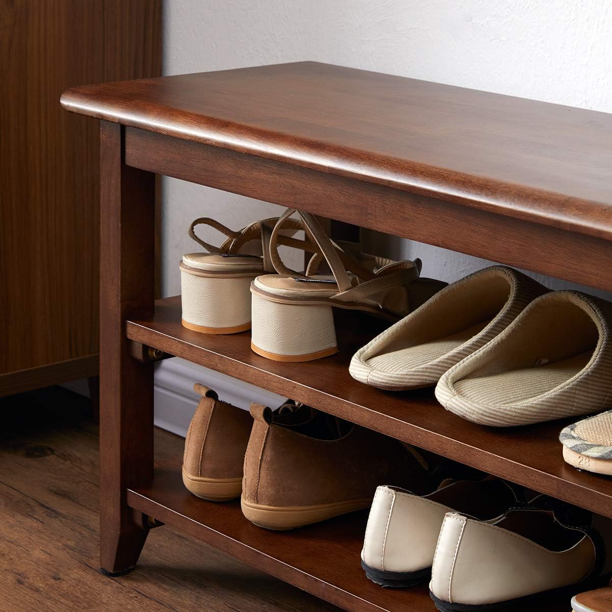 XKZG Shoe Rack Bench Wooden Shoe Storage Bench Entryway Bench, Brown, 23.6" | Rubber wood, Shoe Bench for Entryway, Living Room, Bedroom, Balcony, 23.6"W x 11.8"D x 16.5"H