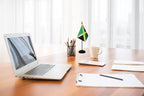 Jamaica Jamaican Deluxe Desk Flag Set, Small Mini Miniature Jamaica Jamaican Table Desktop Flags With Solid Pole, Black Base and Spear Top(2 Pack)