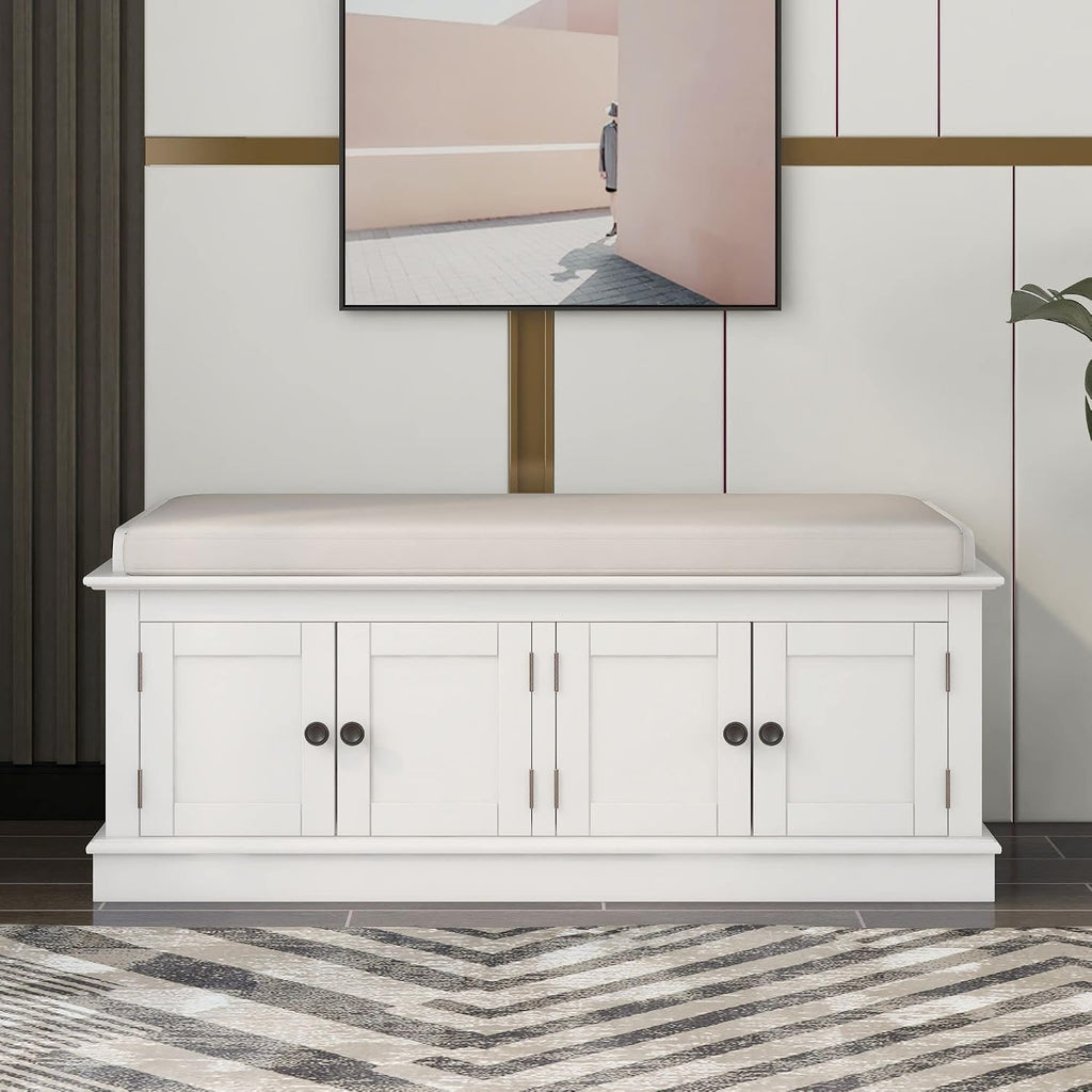 SOFTSEA 42.7" Shoe Bench with Padded Seat Cushion, 2-Tier Entryway Bench with 4 White Doors and Adjustable Shelves, Shoe Cabinet for Entryway, Bedroom, Living Room, White