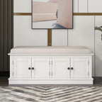 SOFTSEA 42.7" Shoe Bench with Padded Seat Cushion, 2-Tier Entryway Bench with 4 White Doors and Adjustable Shelves, Shoe Cabinet for Entryway, Bedroom, Living Room, White
