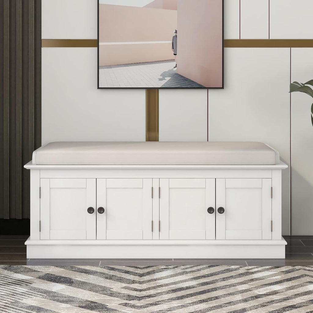 GDFStudio Jasd Storage Bench with 4 Doors and Adjustable Shelves, Removable Cushion Bench Ottoman, Solid Wood Frame Storage Ottoman, Rectangular Cabinet with Seating for Living Room Entryway, White