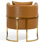 Leather Accent Chairs Set of 2, Mid Century Modern Upholstered Barrel Armchair with Pillow for Living Room, Comfy Single Vanity Chair with Metal Gold Legs for Bedroom, Orange